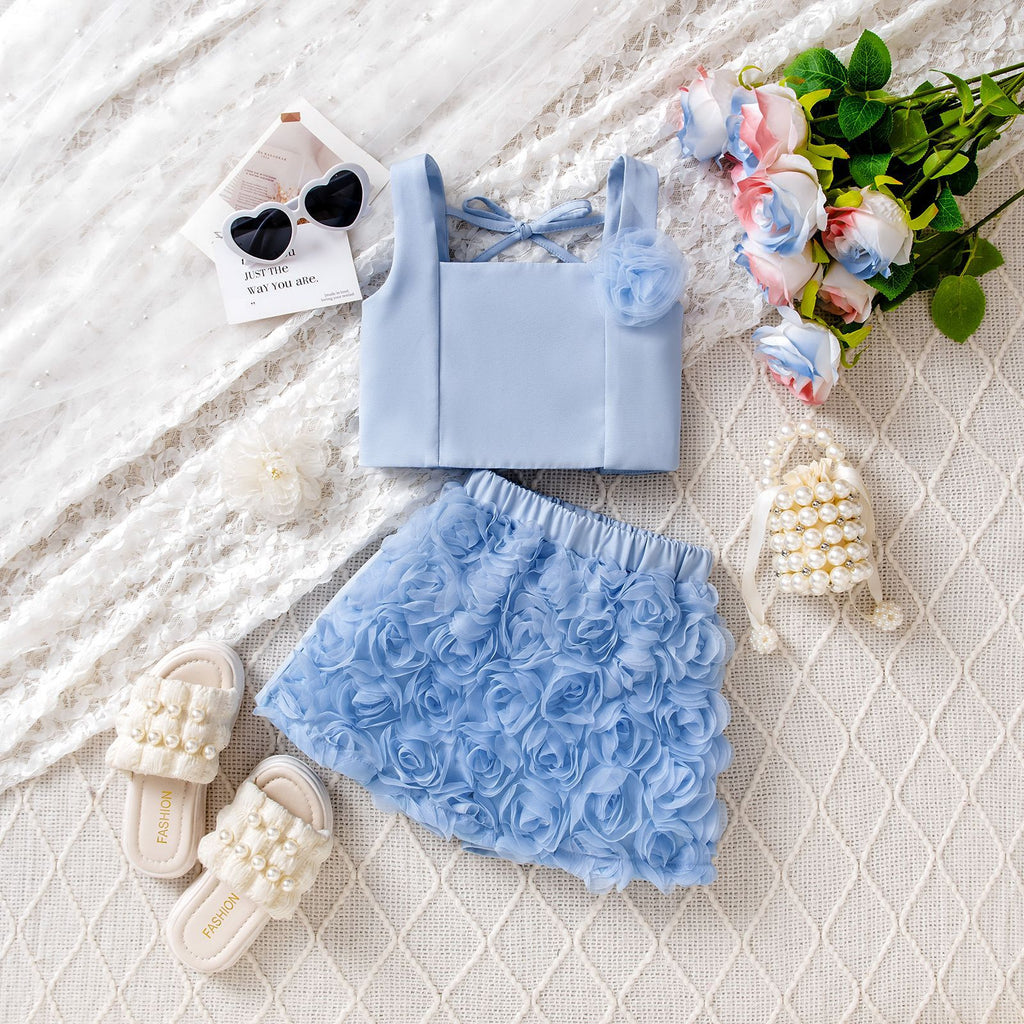 Strapless Crop Top Rose Petal Shorts Two-piece Set