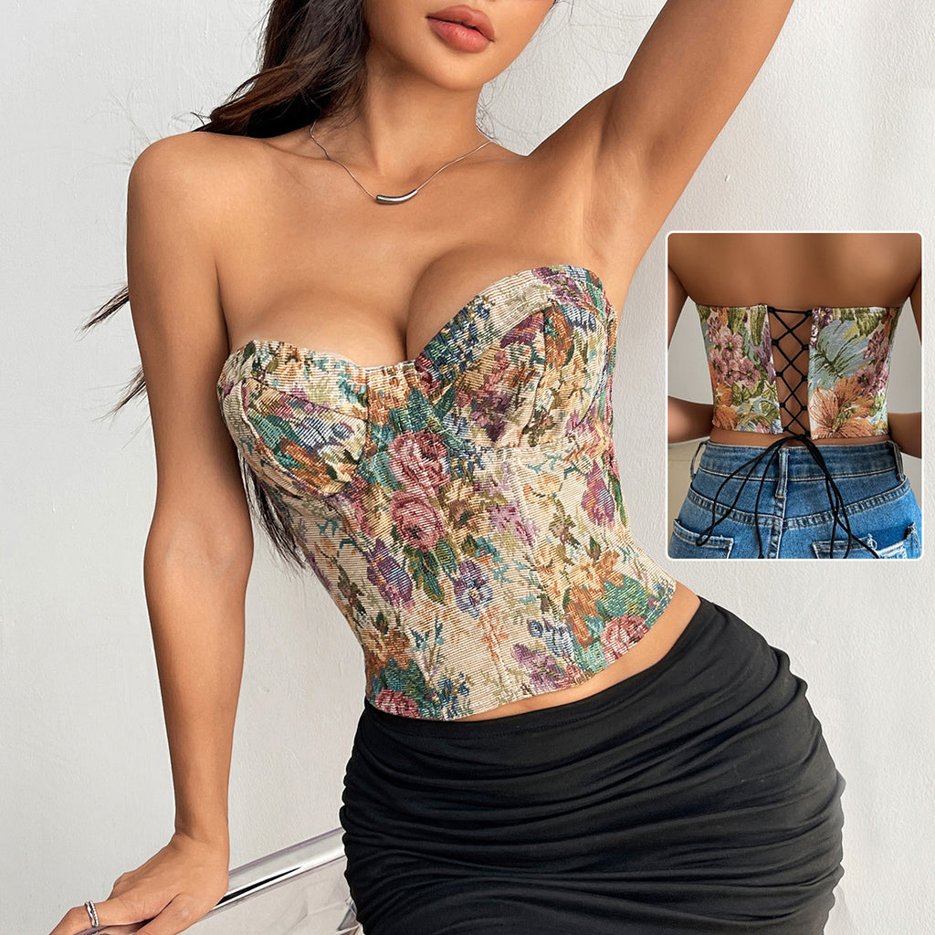 Floral Print Tube Vest Top With Back-tied Design INS Crop Corset Tank Top