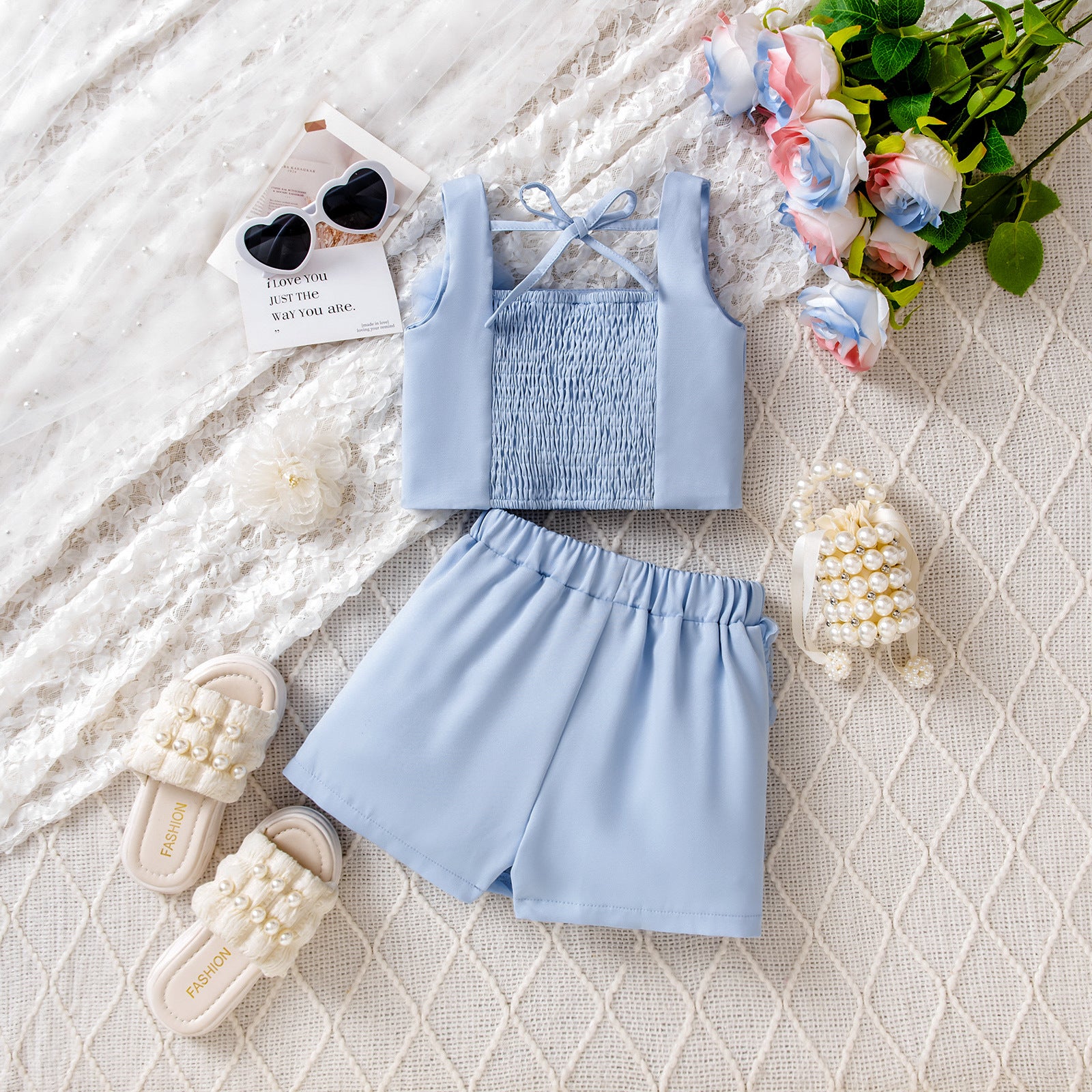 Strapless Crop Top Rose Petal Shorts Two-piece Set