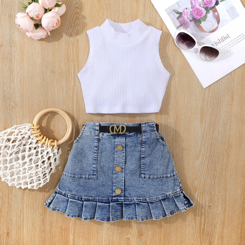 Girls' Solid Color Waistcoat Sleeveless Top Denim Open Bag Pleated Skirt Suit - Beuti-Ful