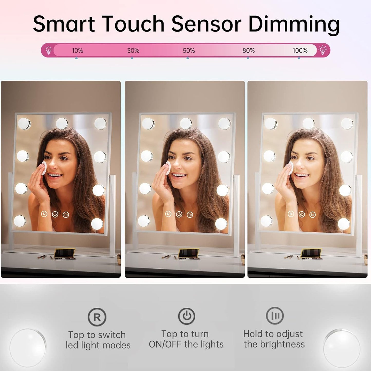 Lighted Makeup Vanity Mirror,  With 9 Dimmable Bulbs And 3 Color Lighting Modes, Smart Touch Control