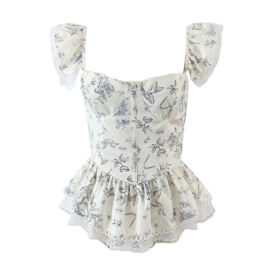 Summer Women's French Print Lace Lace Spaghetti-strap Top - Beuti-Ful