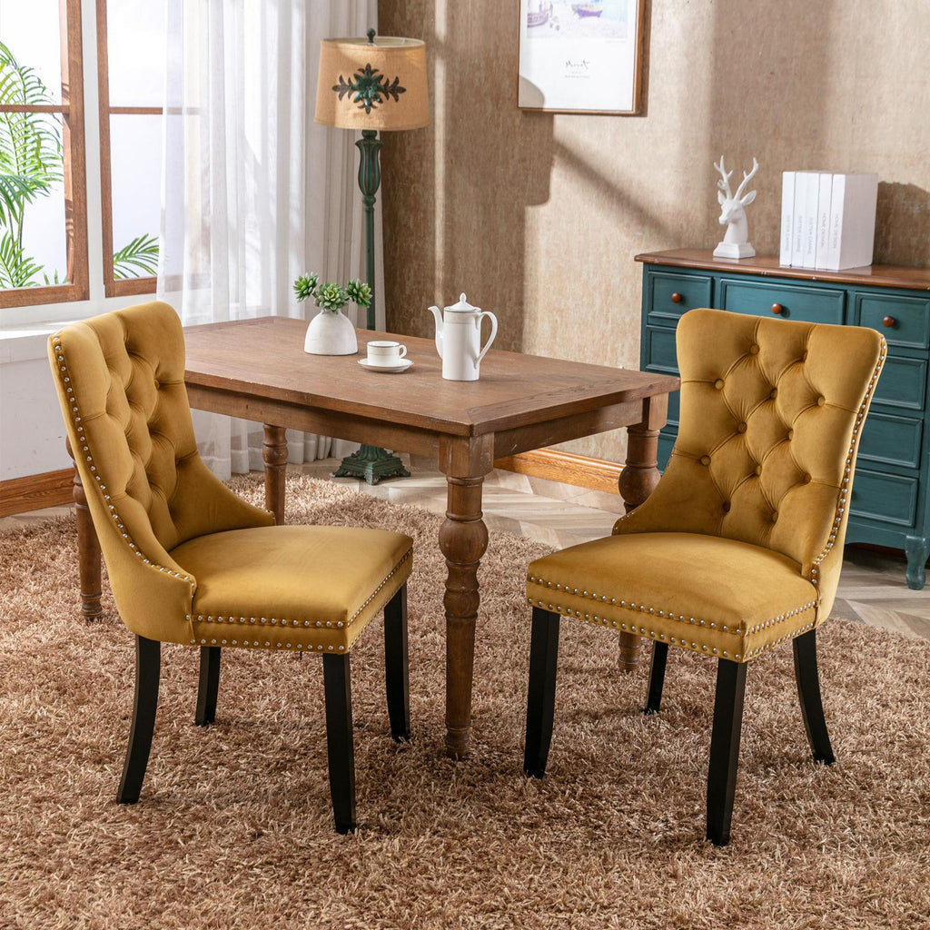 High-end Tufted Solid Wood Contemporary Velvet Upholstered Dining Chair With Wooden Legs And Spike Head Trim 2-piece Set, Gold - Beuti-Ful