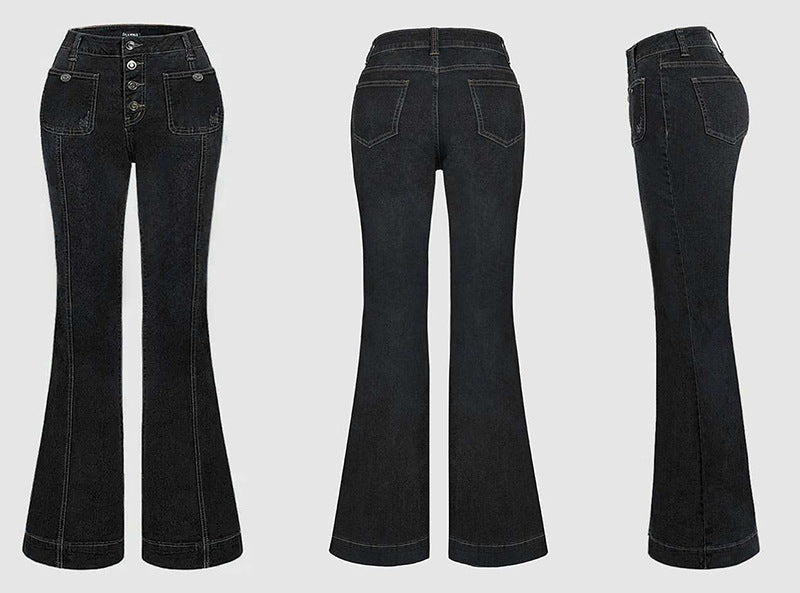 Stitching Washed Denim Stretch Slim Fit Bell-bottom Pants - Beuti-Ful