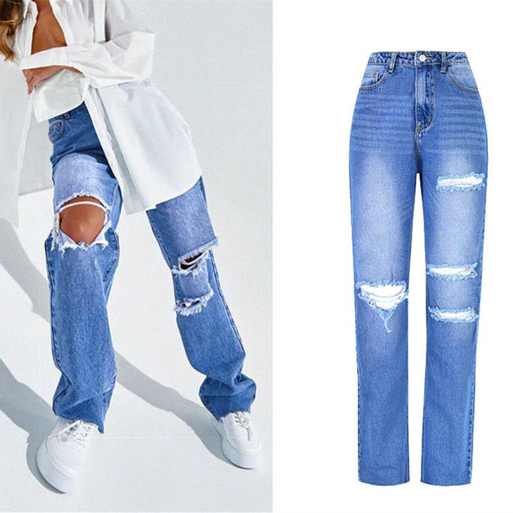 Women's High Waist Straight Ripped Jeans - Beuti-Ful