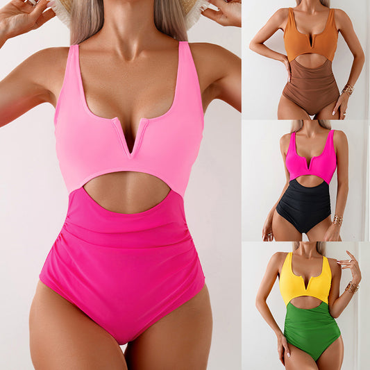 Women's Fashion One-piece Contrast Color Swimsuit