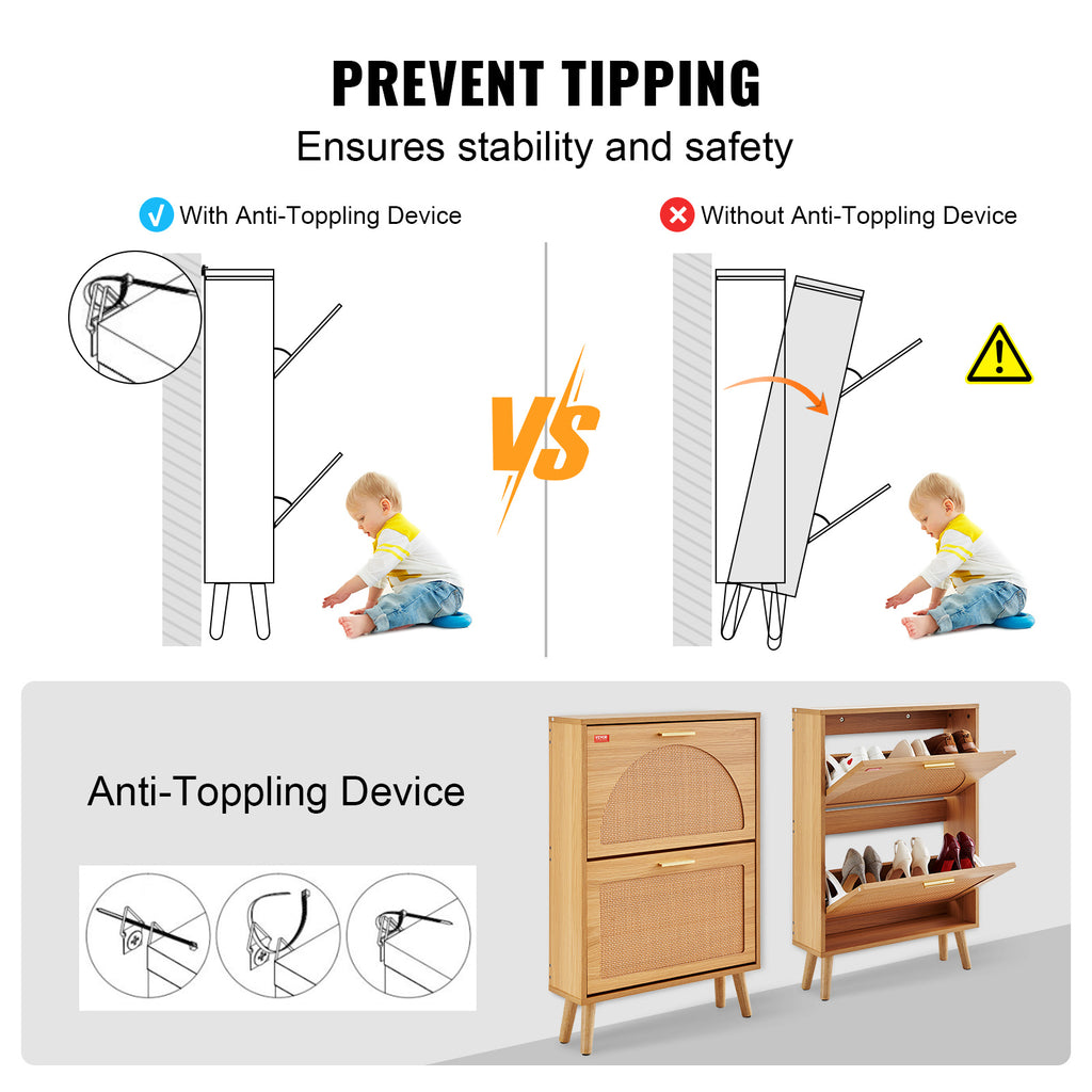 Shoe Cabinet With 2 Flip Drawers, Shoe Storage Cabinet For Entryway, Free Standing Shoe Storage Organizer With Rattan Doors For Heels, Boots, Slippers In Hallway, Living Room - Beuti-Ful