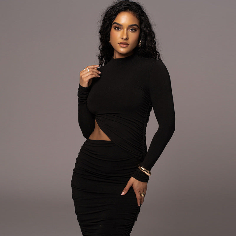 Women's Autumn Long Sleeve Sexy Cutout Pleated Tight Dress - Beuti-Ful