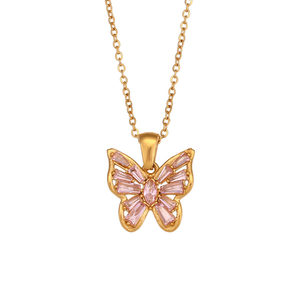 Stainless Steel Hollow Zircon Butterfly Pendant Necklace - Beuti-Ful