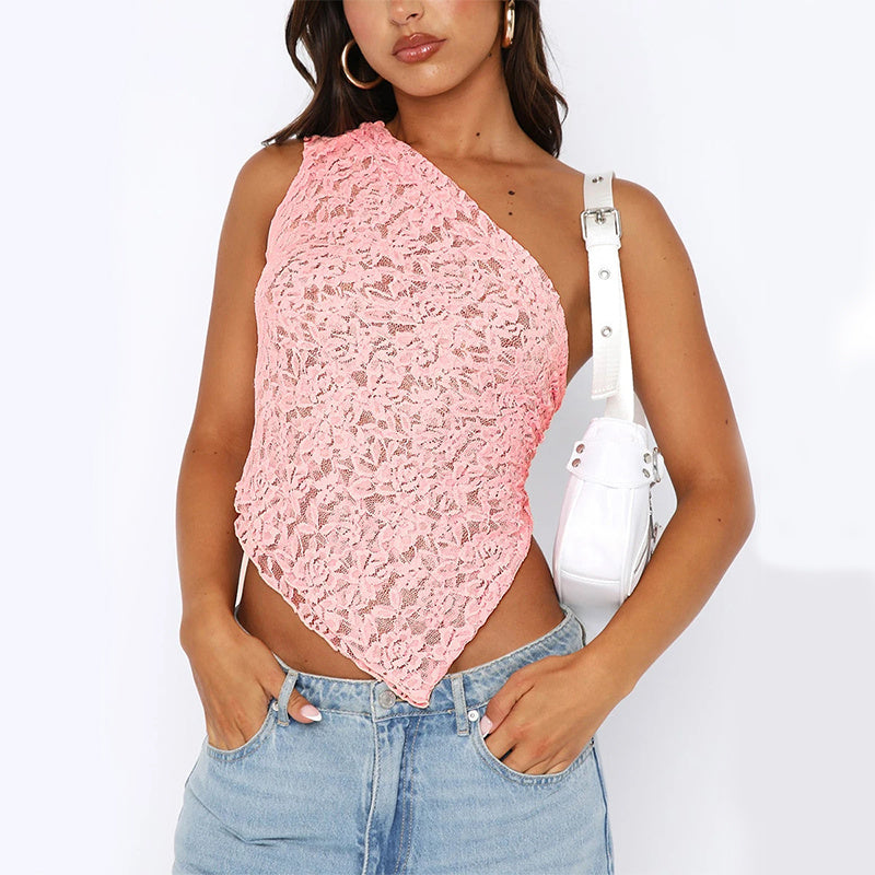 Lace Backless Top Summer Solid Color Waistless Asymmetrical Sloped Neck Vest