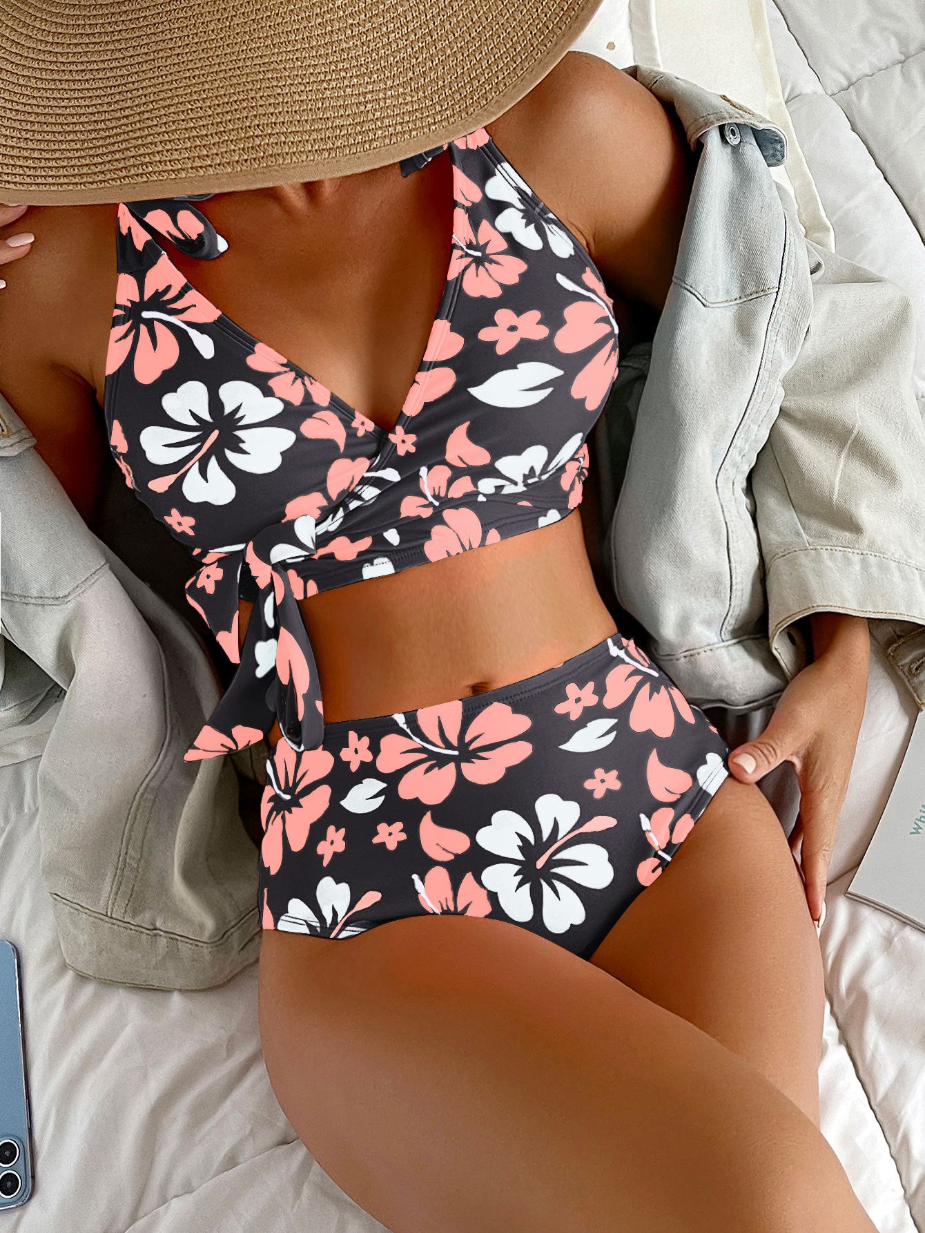 Lace Up Printed High Waisted Bikini Split Swimsuit For Women