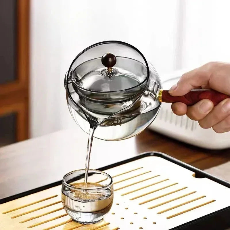 Semi-automatic Rotary Heat-resistant Glass Teapot Lazy Tea Making With Infuser And Wooden Handle Office Home Accessories Kitchen Gadgets - Beuti-Ful