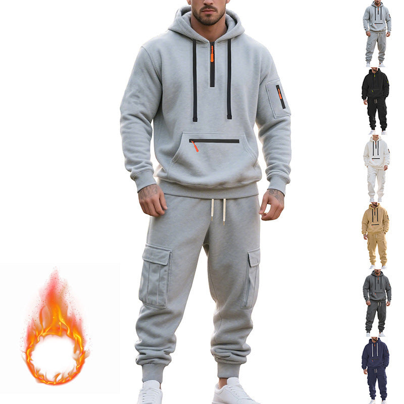 Men's Loose Sports Sweater suit Fleece-lined Hoodie Set Zipper Multi-Pocket Pullover Two-piece Set