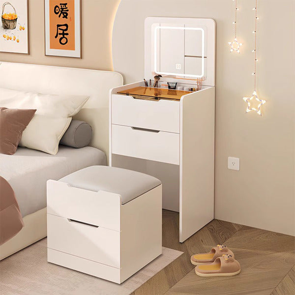 3 In 1 Dressing Table With Flip Mirror And Light, Small Makeup Vanity Set With Viewing Glass Tabletop, 3 Drawers, Storage Stool, 3 Color Lighted Mirror, Bedroom Dressing Table For Small Spaces - Beuti-Ful