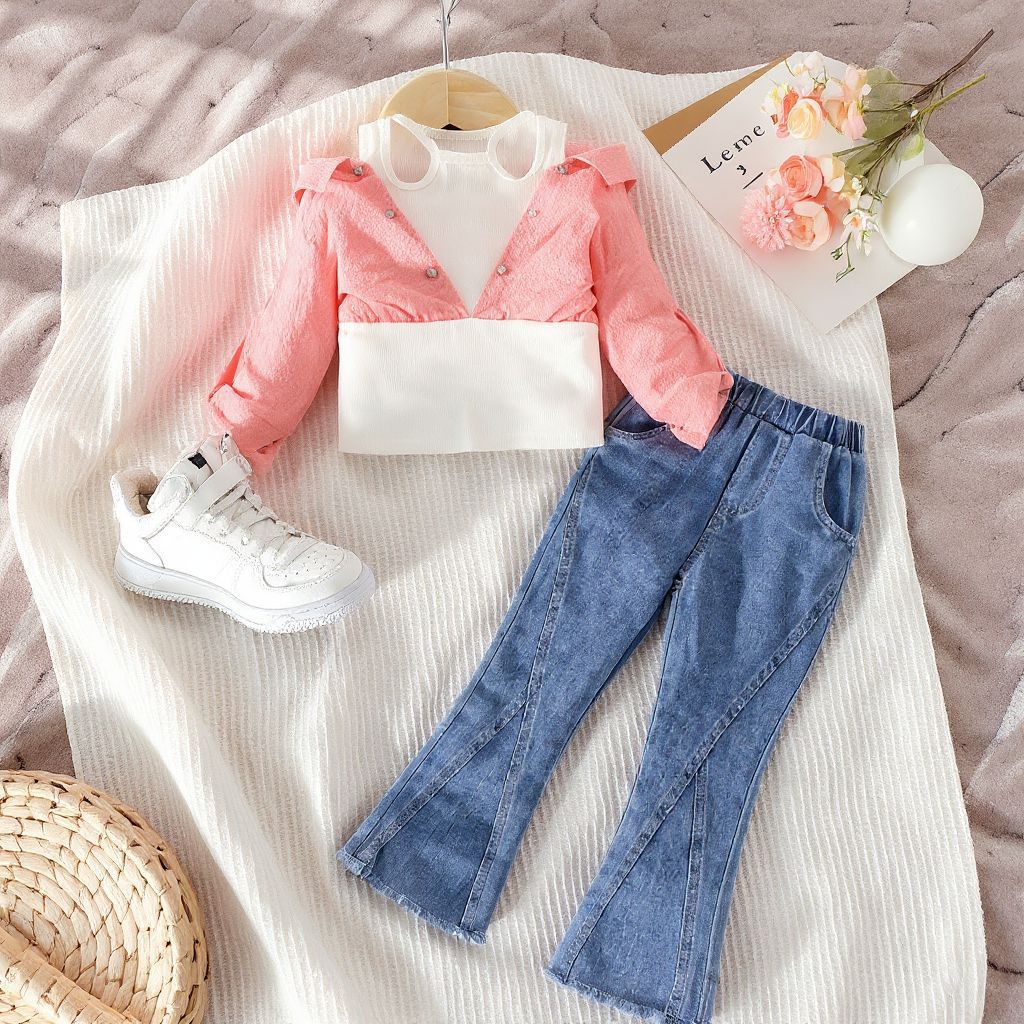 Fake Two-piece Off-shoulder Top With Flared Jeans