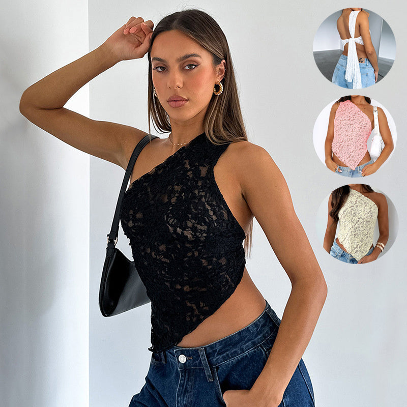 Lace Backless Top Summer Solid Color Waistless Asymmetrical Sloped Neck Vest