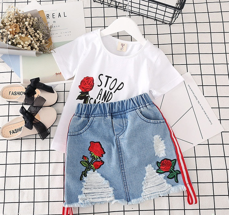 Kids Clothes White T-shirt Denim Skirt 2pcs Girls Suits - Beuti-Ful