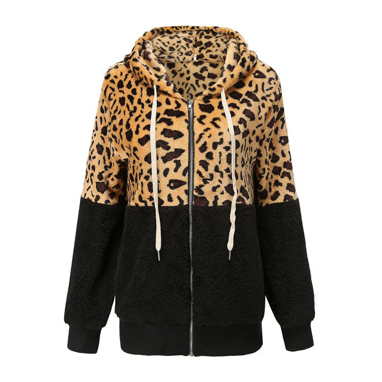 Women's Fashion Casual Leopard Print Stitching Thick Fleece Furry Sweater Hooded Top - Beuti-Ful