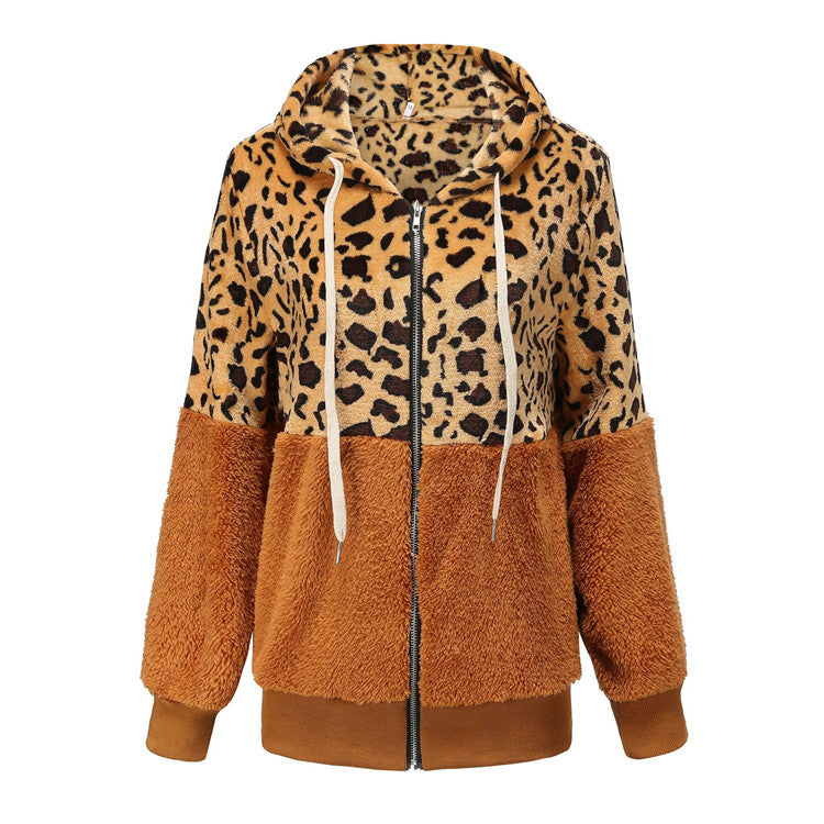 Women's Fashion Casual Leopard Print Stitching Thick Fleece Furry Sweater Hooded Top - Beuti-Ful