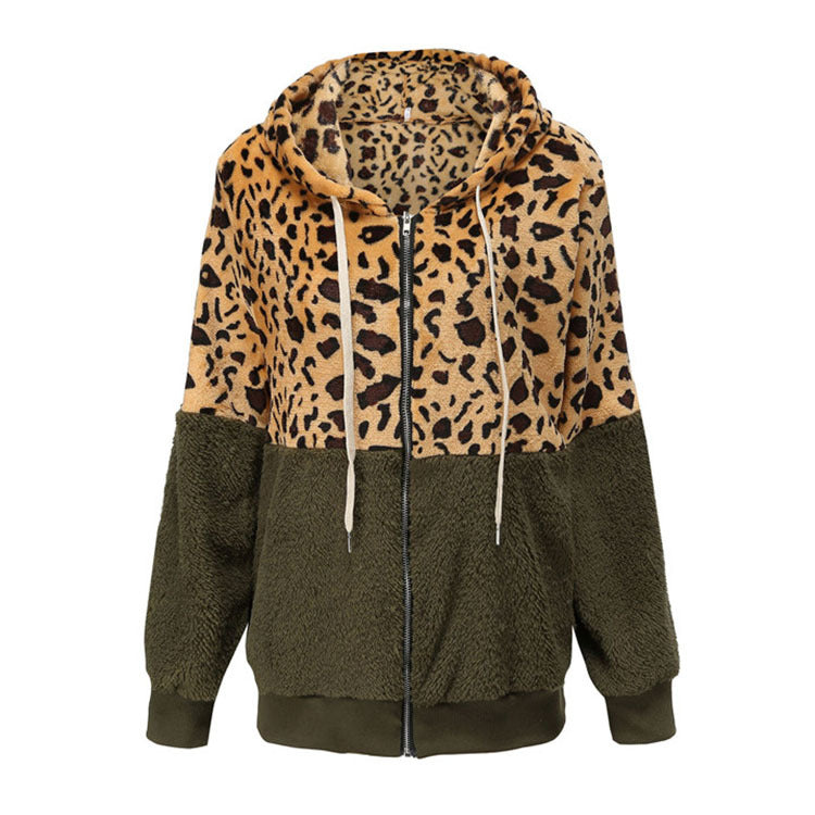 Women's Fashion Casual Leopard Print Stitching Thick Fleece Furry Sweater Hooded Top