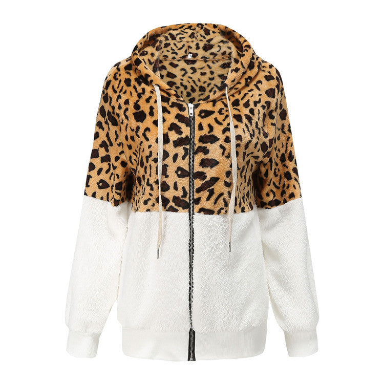 Women's Fashion Casual Leopard Print Stitching Thick Fleece Furry Sweater Hooded Top