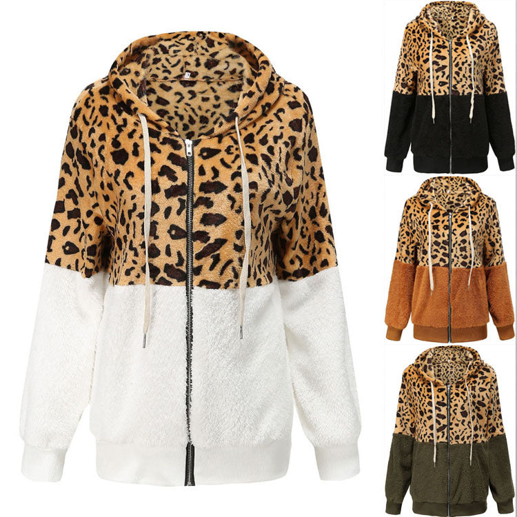 Women's Fashion Casual Leopard Print Stitching Thick Fleece Furry Sweater Hooded Top