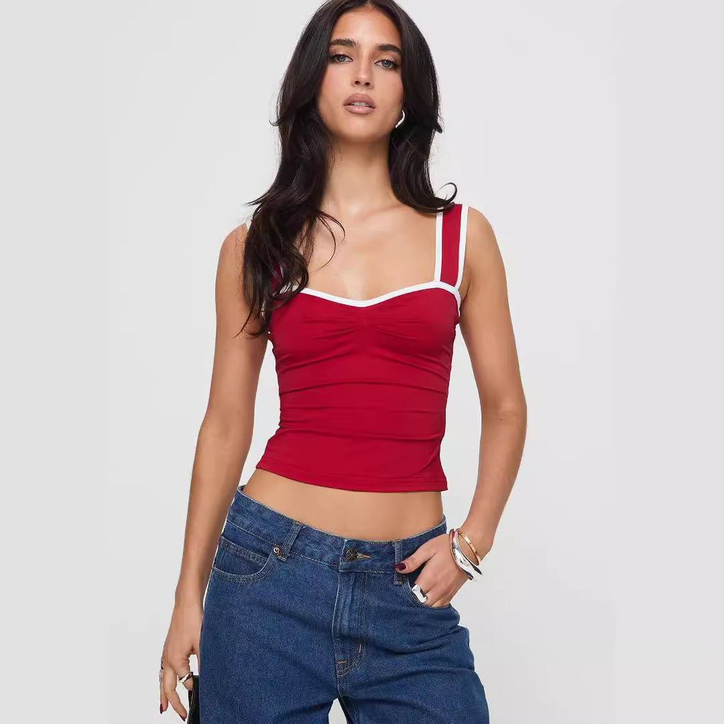 Contrast Color Sling Pleated Small Tank Top - Beuti-Ful