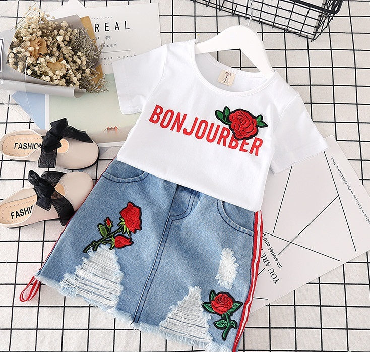 Kids Clothes White T-shirt Denim Skirt 2pcs Girls Suits - Beuti-Ful