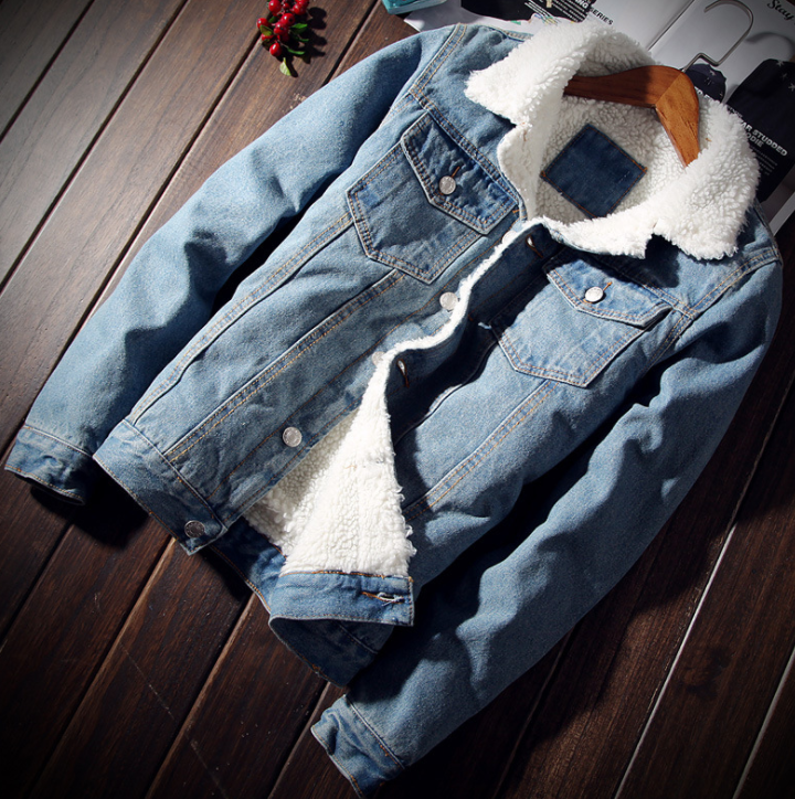 Denim Bomber Jacket with Fur Men Black High Quality Fashion Jeans Jacket Fleece Winter - Beuti-Ful
