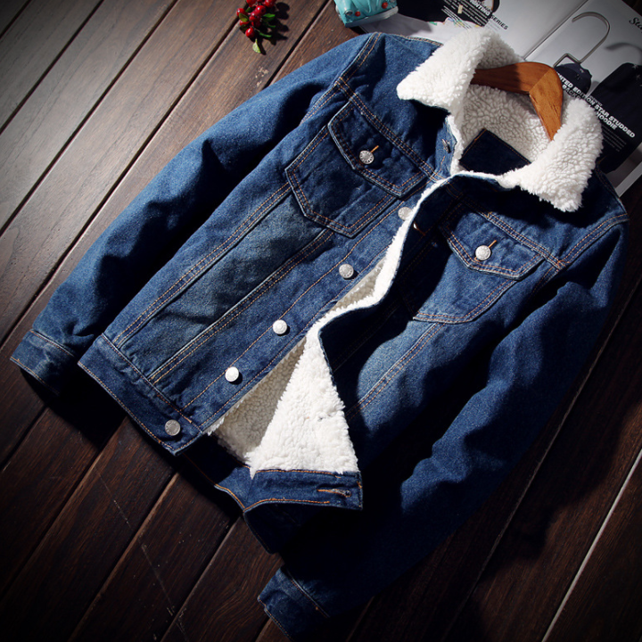 Denim Bomber Jacket with Fur Men Black High Quality Fashion Jeans Jacket Fleece Winter - Beuti-Ful