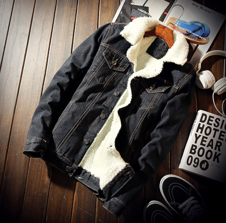 Denim Bomber Jacket with Fur Men Black High Quality Fashion Jeans Jacket Fleece Winter - Beuti-Ful