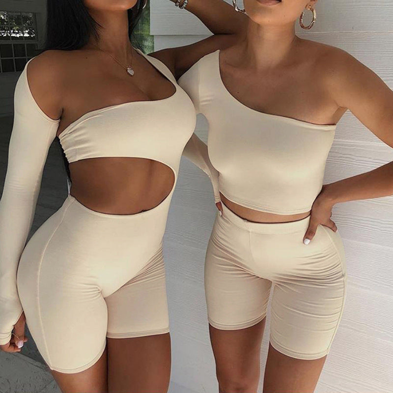 Women Tight Fitness Yoga Suits Off Shoulder Tops And Shorts Tops 2pcs Set - Beuti-Ful