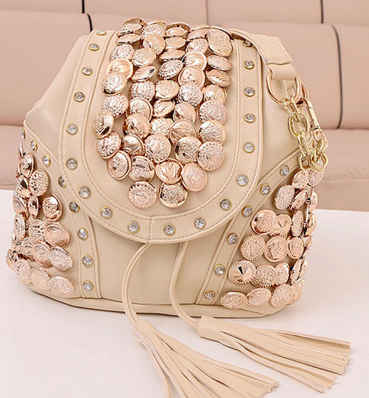 Fashion Button Bag Retro Tassel Bucket Bag Multi Purpose Backpack