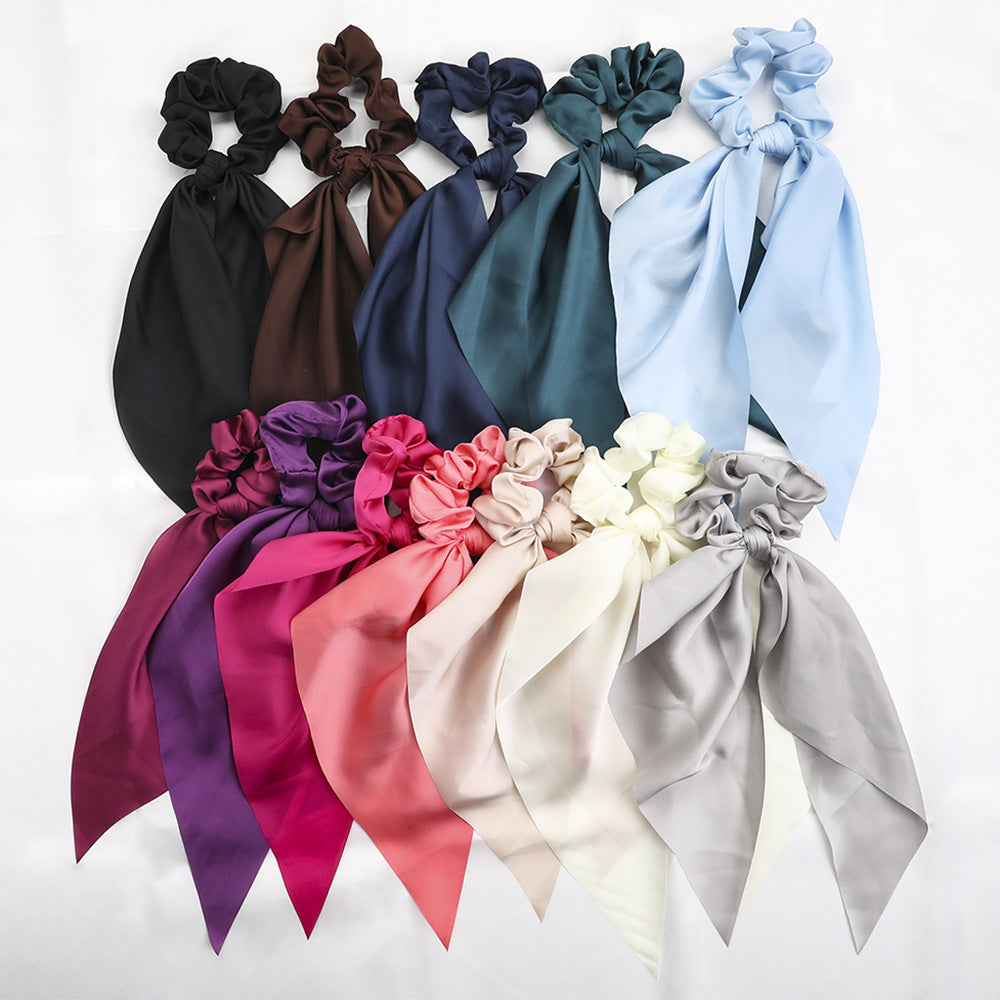 New Knotted Ribbon Satin Monochrome Silky Square Scarf Hair Tie Ladies Ponytail Hair - Beuti-Ful