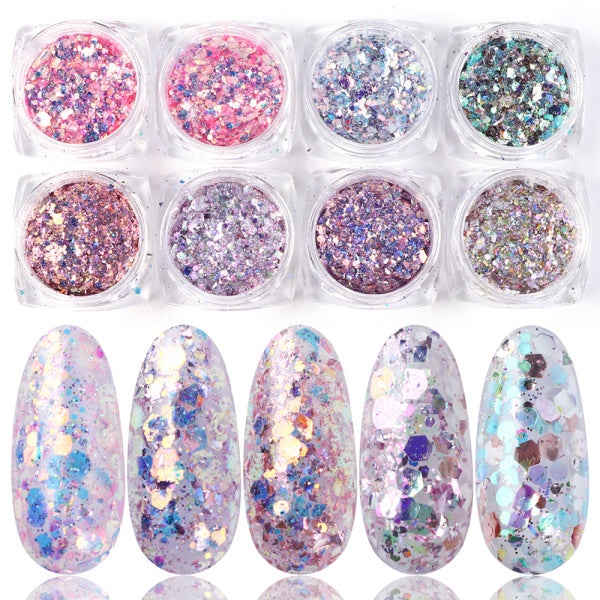 8 Box Mix Glitter Nail Art Powder Flakes Set - Beuti-Ful