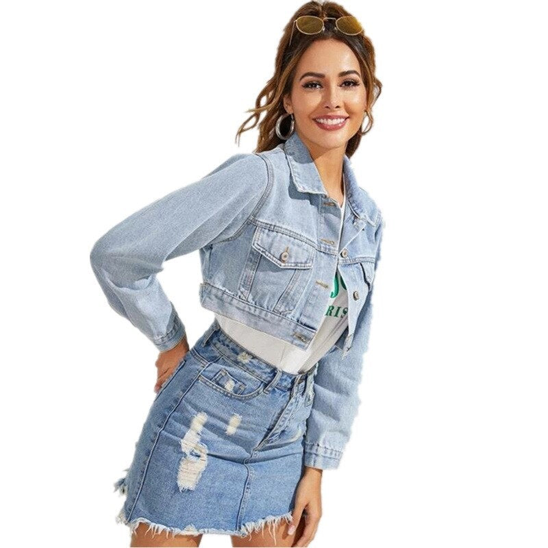 Ladies Fashion Lapel Short Denim Jacket - Beuti-Ful