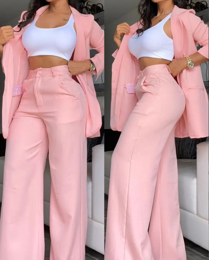 Plain Color Sleeve Lapel Suit Pocket Straight-leg Pants Suit - Beuti-Ful