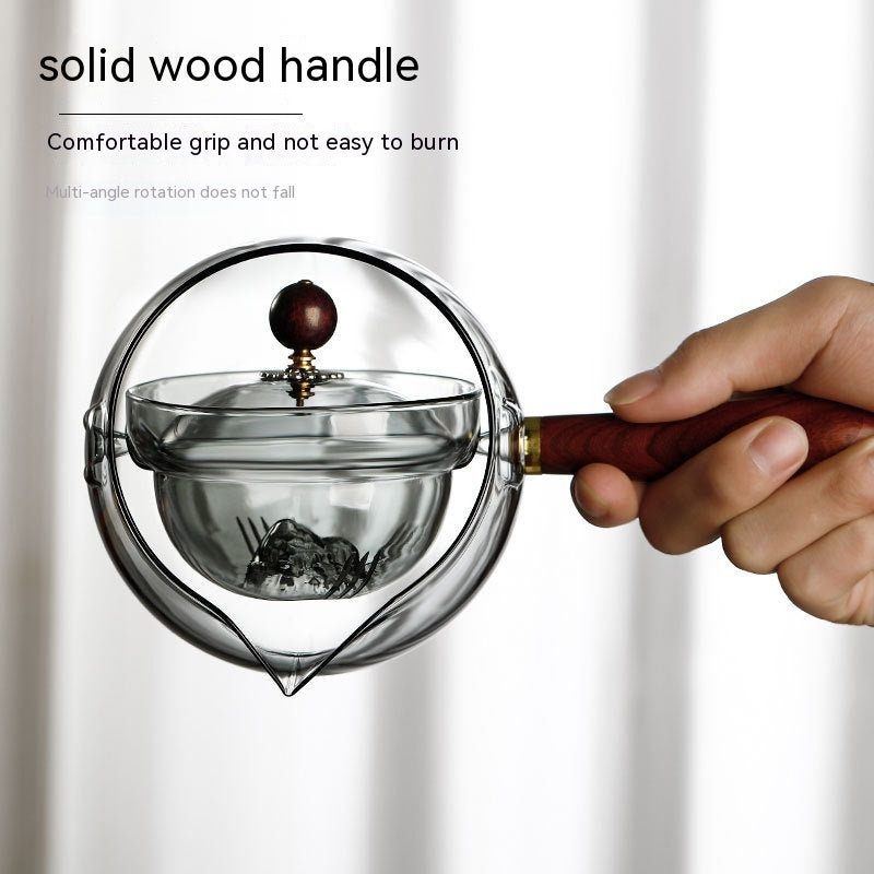Semi-automatic Rotary Heat-resistant Glass Teapot Lazy Tea Making With Infuser And Wooden Handle Office Home Accessories Kitchen Gadgets - Beuti-Ful