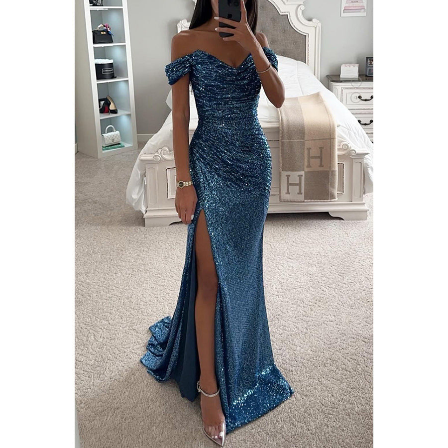 Sequins Off-neck Split Dress - Beuti-Ful