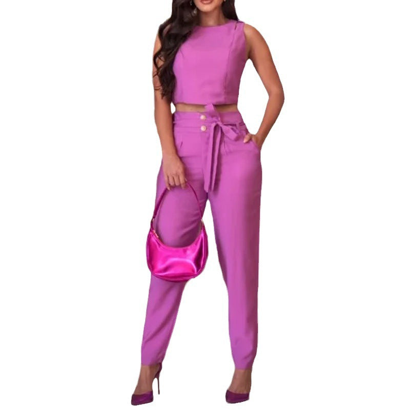 Elegance Sleeveless Pure Color Tied Slimming Blouse And Pants - Beuti-Ful
