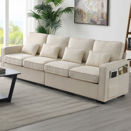 Seater Modern Linen Fabric Sofa With Armrest Pockets And 4 pillows - Beuti-Ful