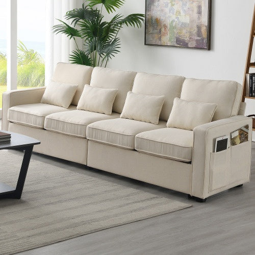 Seater Modern Linen Fabric Sofa With Armrest Pockets And 4 pillows