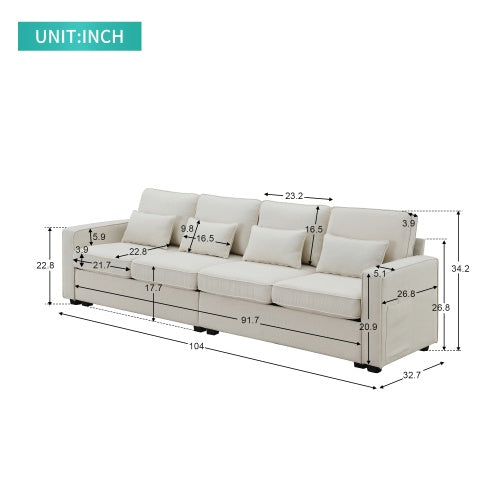 Seater Modern Linen Fabric Sofa With Armrest Pockets And 4 pillows - Beuti-Ful
