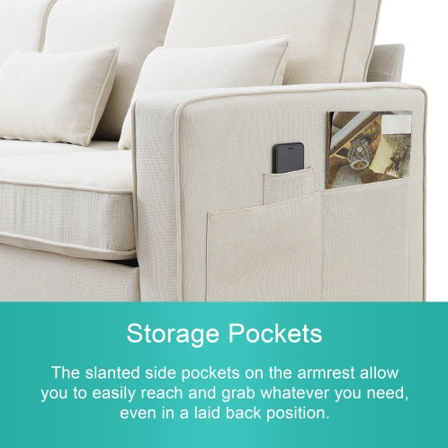 Seater Modern Linen Fabric Sofa With Armrest Pockets And 4 pillows - Beuti-Ful