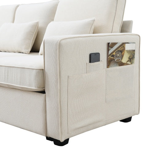 Seater Modern Linen Fabric Sofa With Armrest Pockets And 4 pillows - Beuti-Ful