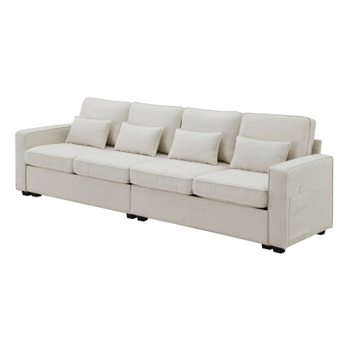 Seater Modern Linen Fabric Sofa With Armrest Pockets And 4 pillows - Beuti-Ful