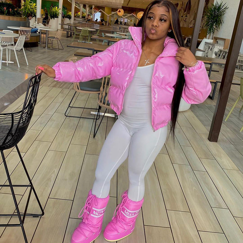 Faux PU Leather Y2K Bubble Puffer Winter Warm Jacket Women Coats Long Sleeve Outerwear Zipper Casual - Beuti-Ful