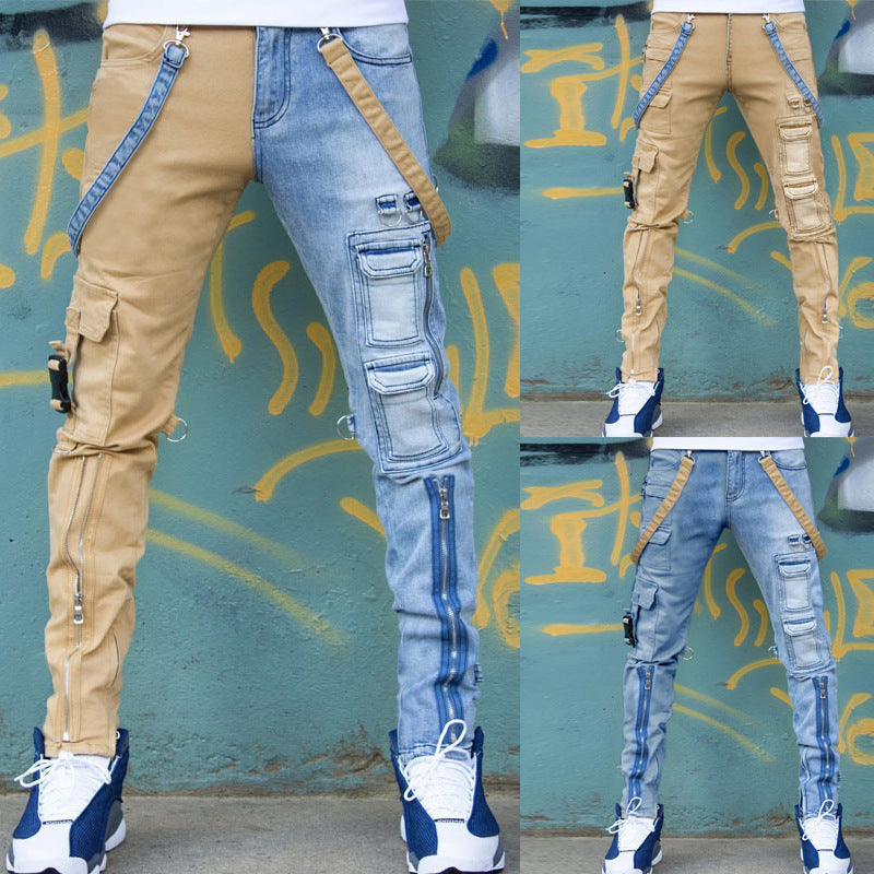 Color Block Wash Jeans Men's Trendy Brand Slim Straight-leg Pants - Beuti-Ful