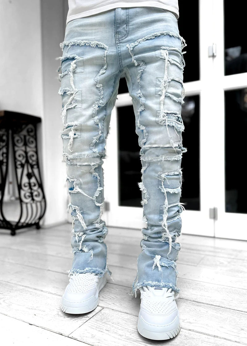 Men Trousers Individual Patched Pants Long Tight Fit Stacked Jeans For Mens Clothing - Beuti-Ful