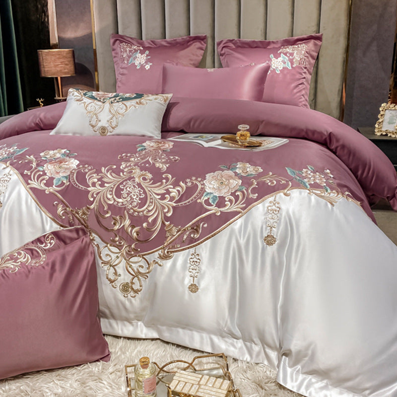 Champagne Flower Embroidery Four-piece Luxury Bedding Set - Beuti-Ful
